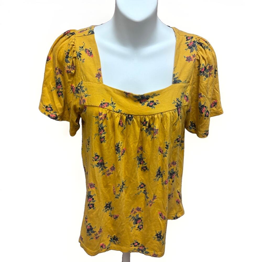Lucky Brand Womens S Mustard Yellow Floral Square Neck Short Sleeve Top